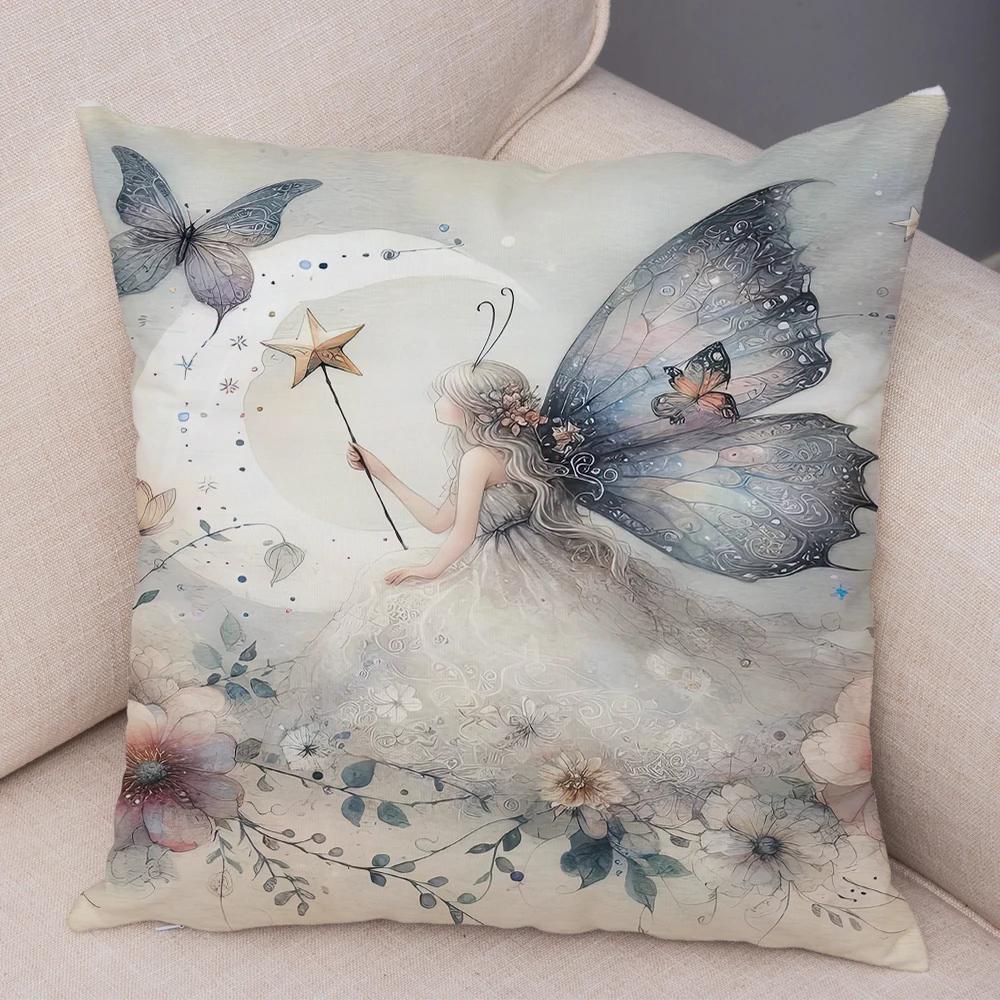 Niedlicher Cartoon Waldmädchen Elfen Kissenbezug Doppelseitig bedruckter Kissenbezug Deko für Sofa Zuhause Superweicher Plüsch Kissenbezug 40x40cm