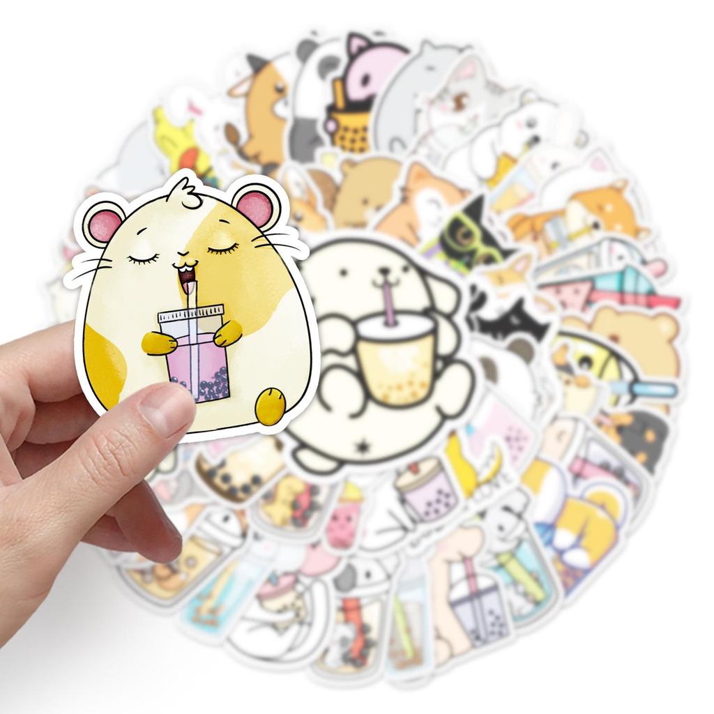 "50 Cute Cartoon Pet Milk Tea Graffiti Stickers for DIY Handbooks, Skateboards, and Suitcases."