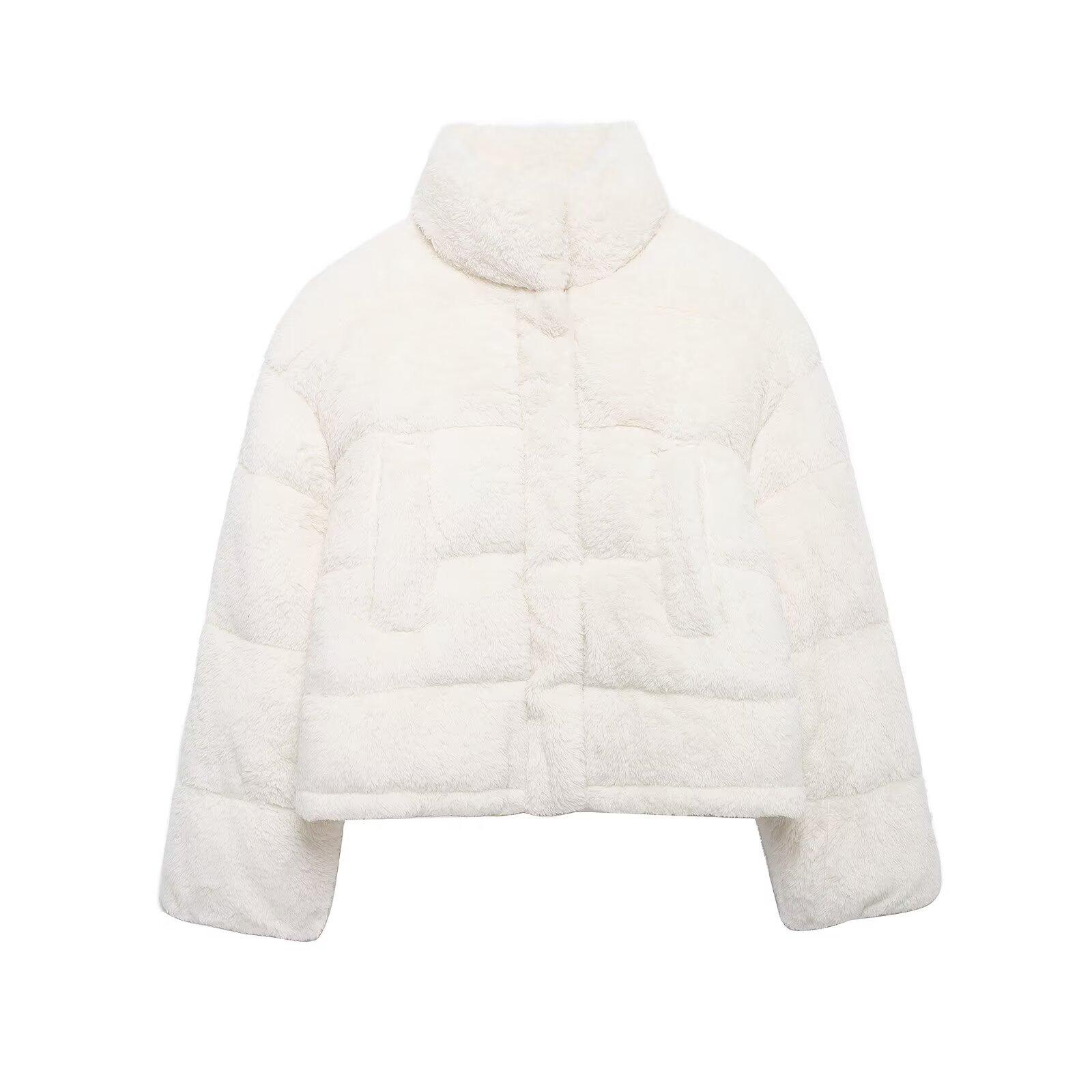 

2024 Зимняя женская пушистая свободная хлопковая куртка на молнии со стойкой в европейском и американском стиле S белый
