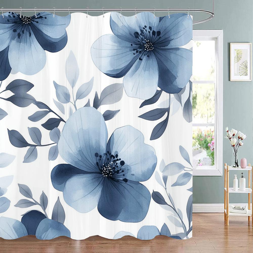 Modern Watercolor Blue Flowers Print Shower Curtain, Polyester Shower Curtain with Hooks for Bathroom Decorative Shower Curtain