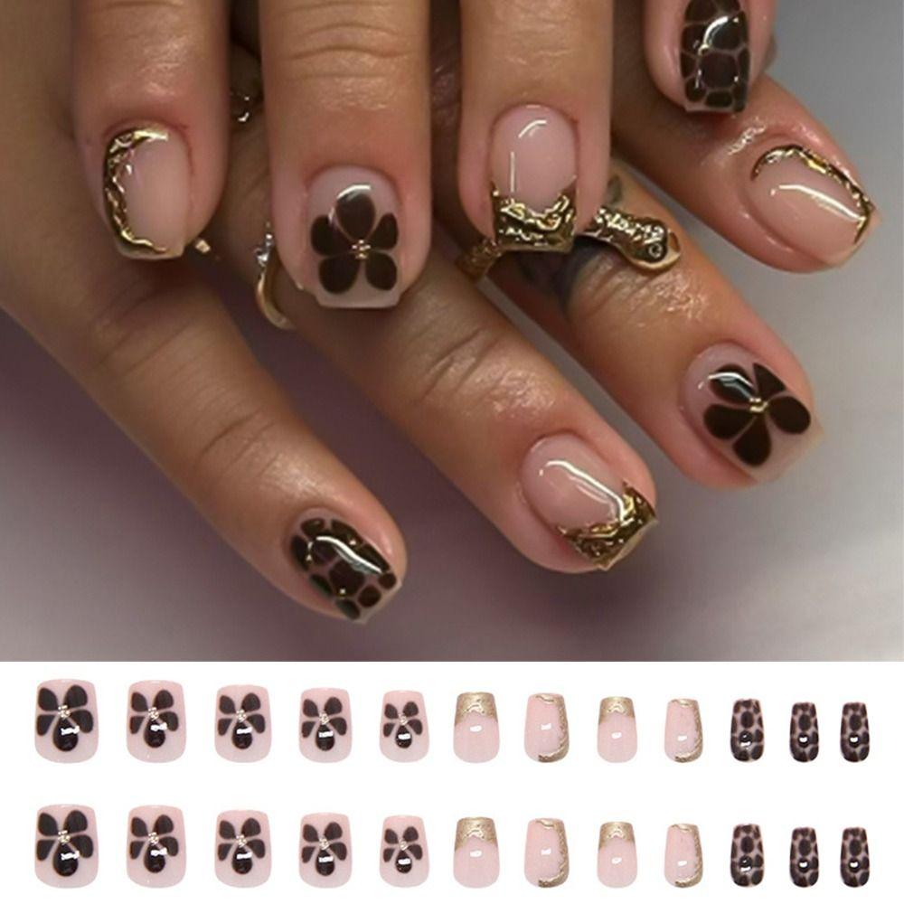 24pcs Metallic Irregular Flowers False Nails French Press On Nails New Fake Nails  Women Girls