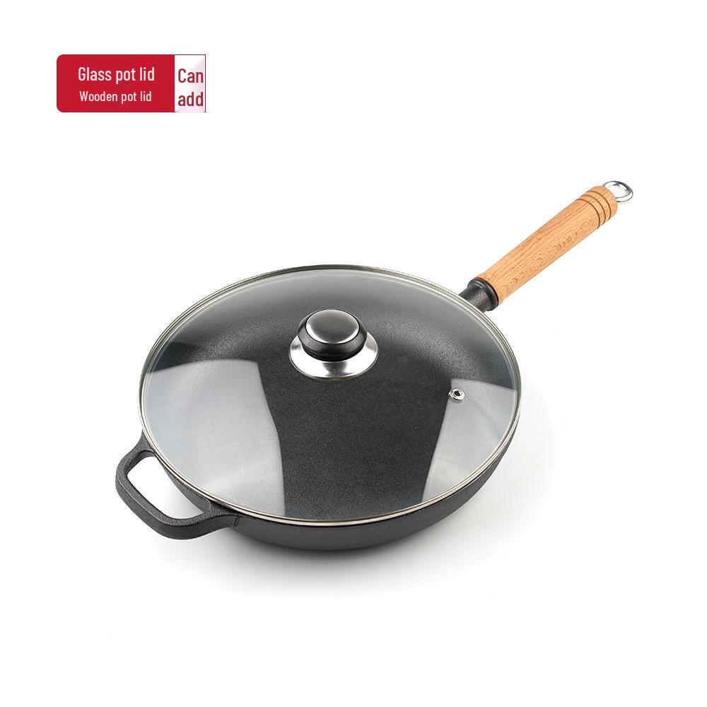 Non-Stick Cast Iron Wok with Wooden Handle - Thick Crepe, Egg, and Meat Frying Pan