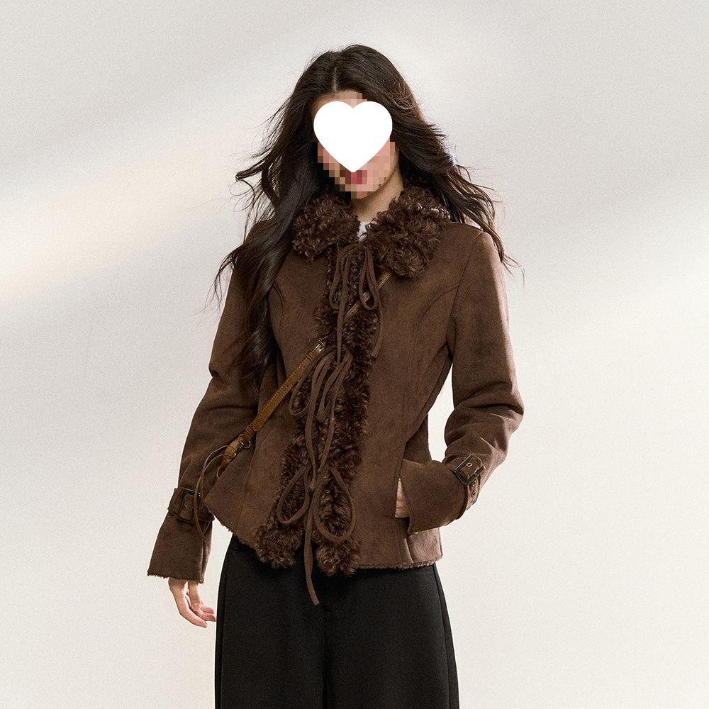 Зимняя короткая коричневая куртка в стиле  острая девушка  с ретро меховым воротником, 2025 XL коричневый