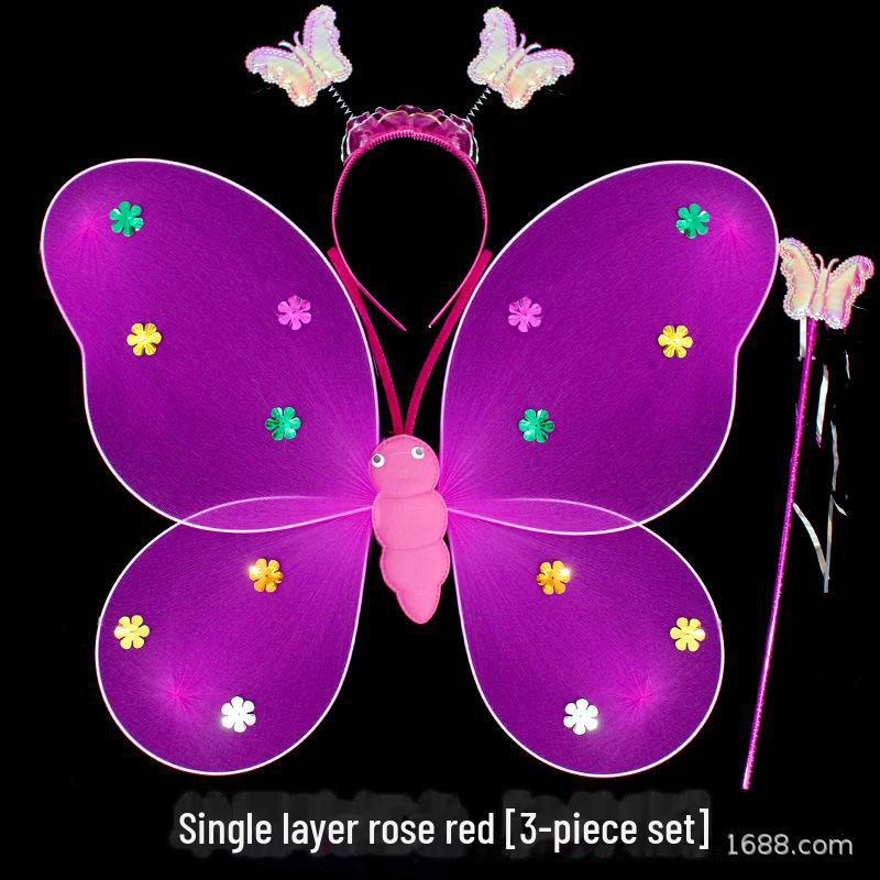 Children's Glow Angel Costume: Girl's Gauze Skirt with Flashing Wings and 20-Light Butterfly Design, 3-Piece Set.