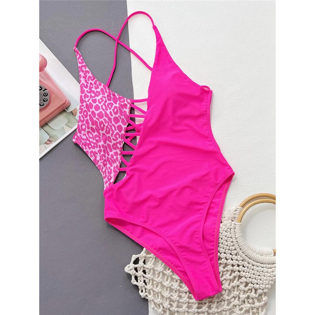 

Слитный купальник с леопардовым принтом и перекрещивающимися бретелями на спине, женский купальник, женский монокини, купальный костюм с высоким вырезом L розовый/леопардовый