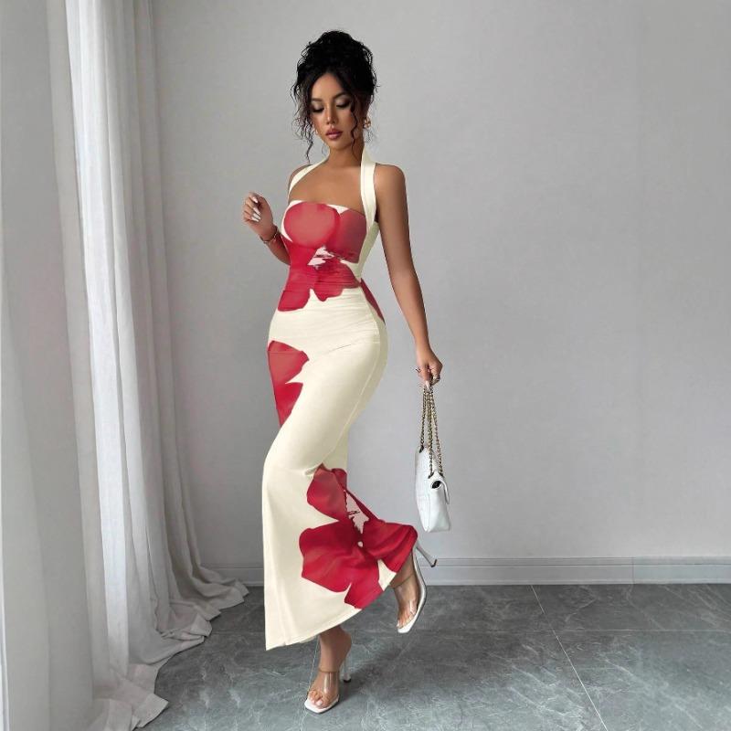 Summer Women's New Style Halterneck Backless Long Skirt Hip-covering Printed Dress
