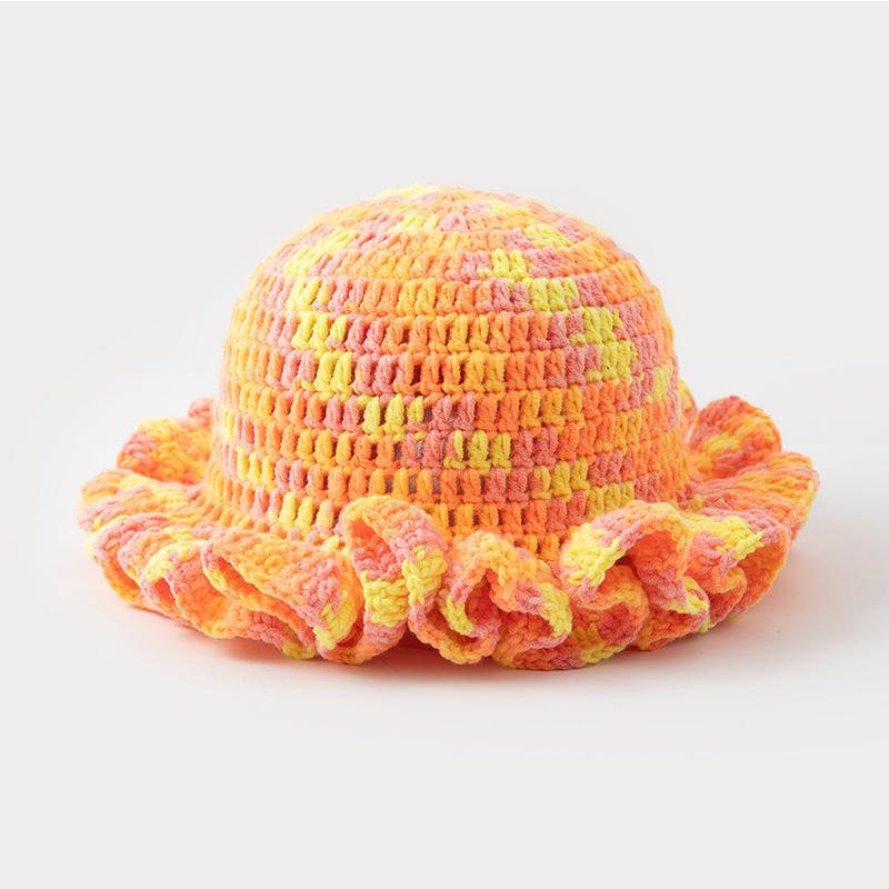 New Colorful Crochet Ruffle Brim Knit Bucket Hats Winter Woman Handmade Stretch Fisherman Cap Outdoor Warm Windproof Beanie Hat