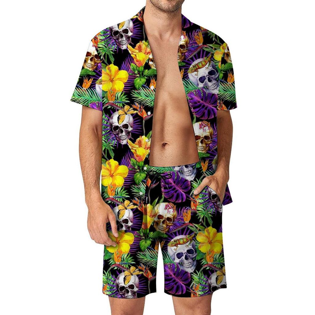 Herren Casual Locker Hemd Set Hawaiianische Küste 3D Digitaldruck Strand Kurzarm