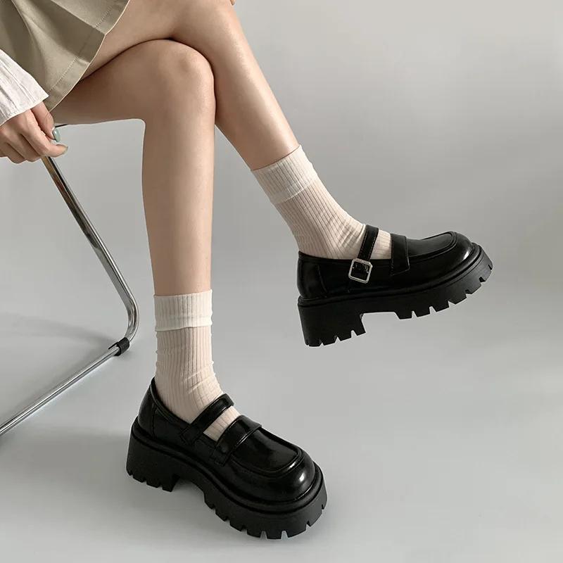 Fashion Woman Shoes Round Toe Mary Jane Chunky Loafers Platform High Heels Shoe Women Pumps PU Leather Buckle British Retro Dresses Shoe