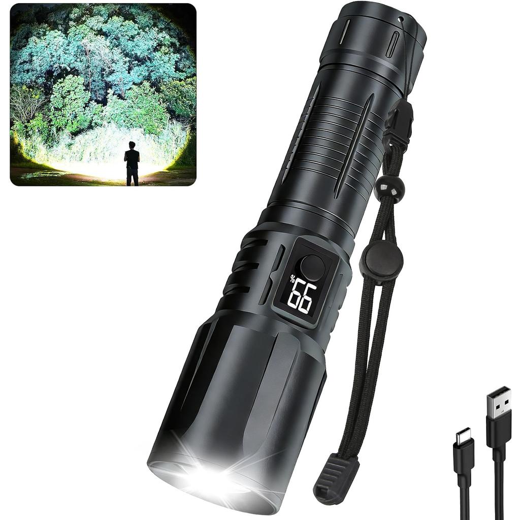LED Flashlight,Bright Tactical Torch High Lumens with 5 Modes,Power Display,Waterproof Zoomable Flash Light,Hunting Camping