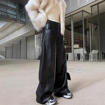 American Retro PU Leather Pants Men's and Women's New Loose High-end Vibe Pants Black Spliced Wide-leg Casual Pants