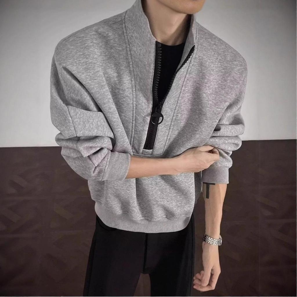 Men's Luxury Half-Zip Stand Collar Hoodie - Cozy, Versatile Pullover for Spring/Autumn.