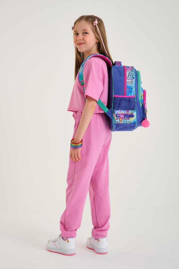 Coral High Kids Lavender Water Green Graffiti Patterned Three Compartment School Backpack 14414