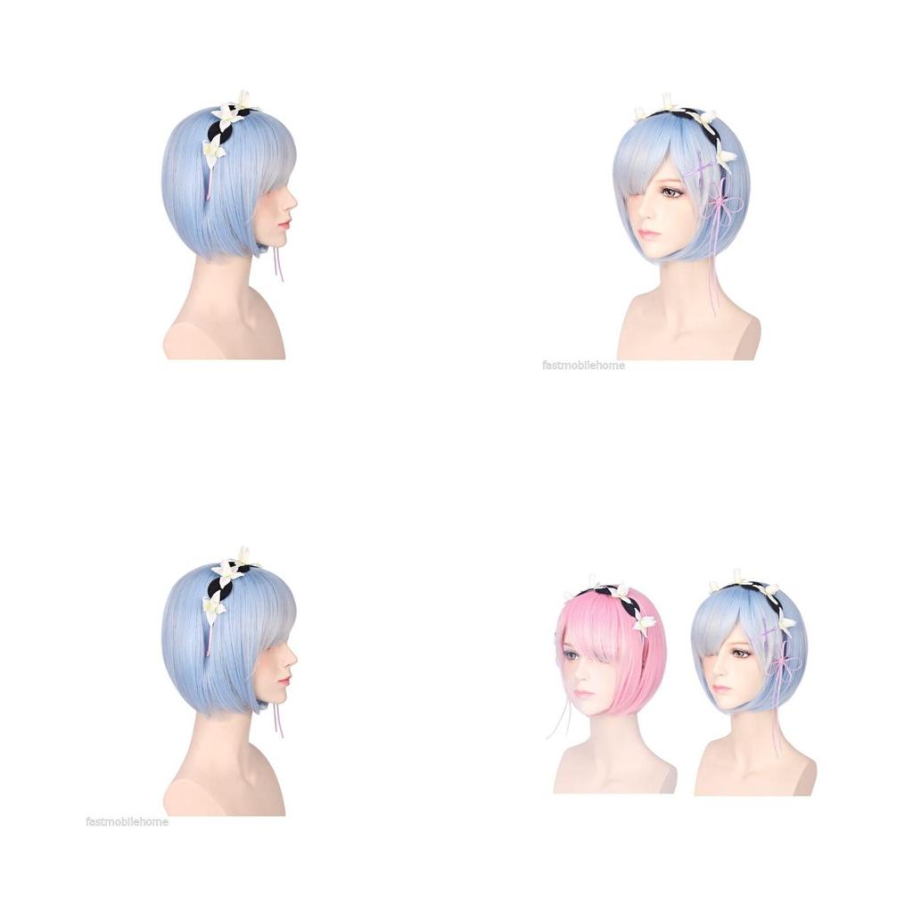 Premium Women Short Ram Rem Cosplay Wig With Stylish Adornment And Heat Resistant Synthetic Bob Hair