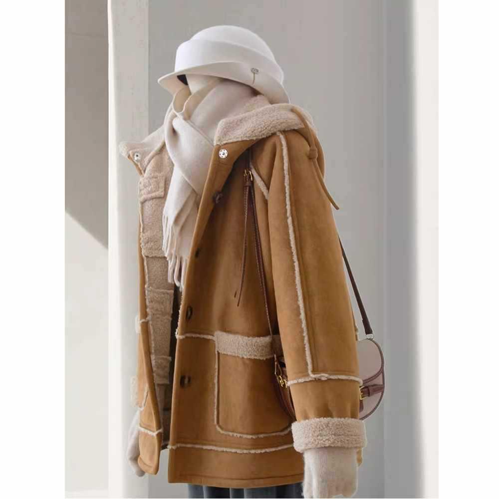

2025 Women s Khaki Hooded Retro Winter Jacket with Faux Lambswool 3XL