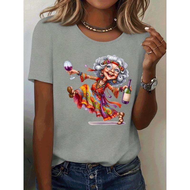 Elegant Granny Graphic Print Women's Summer Casual Short Sleeved T-Shirt Cute Playful Round Neck Tees Top Casual Woman Clothes