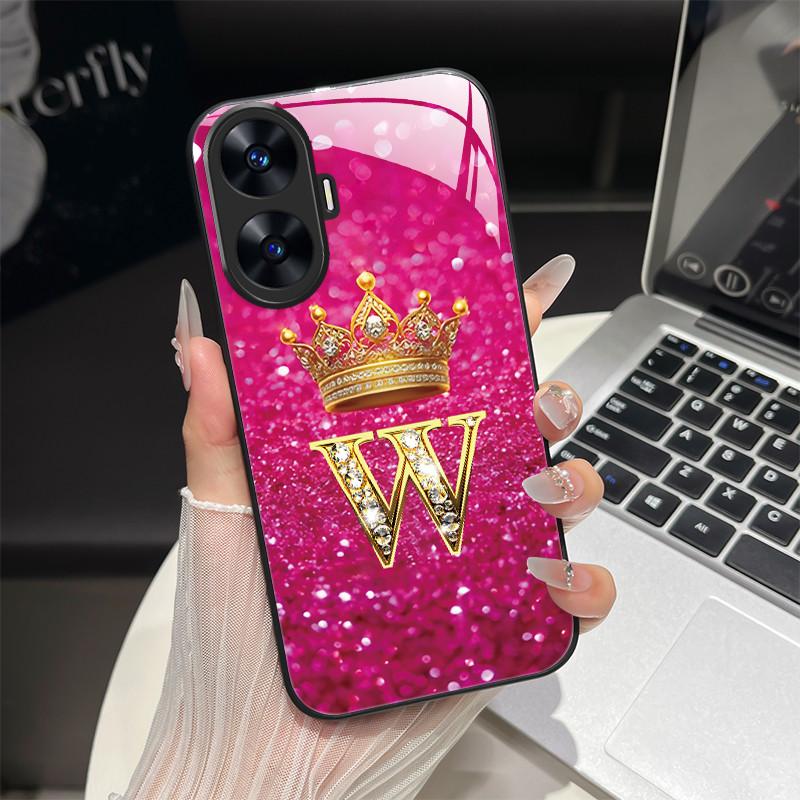 For Realme C55 4G Case Fashion Letters Hard Tempered Glass Back Covers For Realme Narzo N55 NarzoN55 C55 RMX3710 Phone Shell