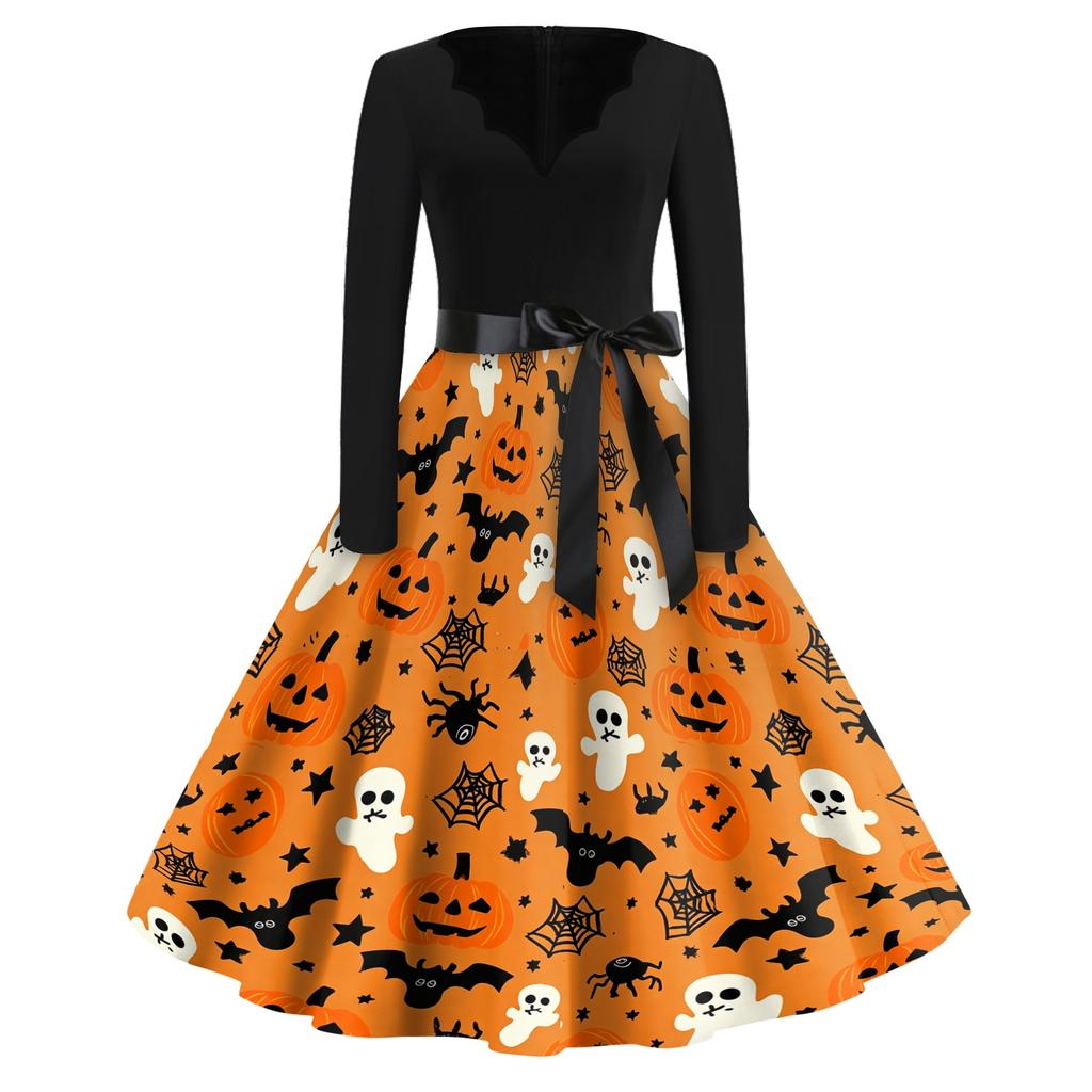 Women Casual Halloween Print V Neck Vintage Dress Long Sleeve Retro Style A Line Skater Dress with Waist Tie for Seasonal Events