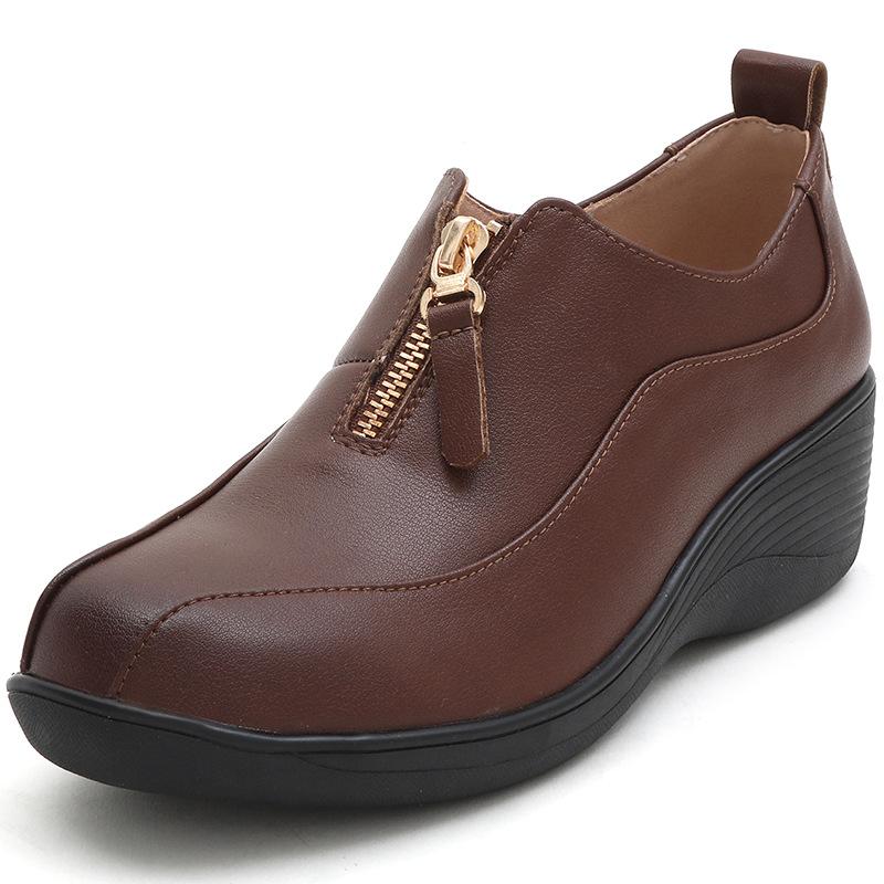 Fashion GKTINOO 2025 Autumn New Deep Mouth Real Leather Wedges Women's Shoes Soft Round Toe Front Zipper Women Mother Shoes Plus Size