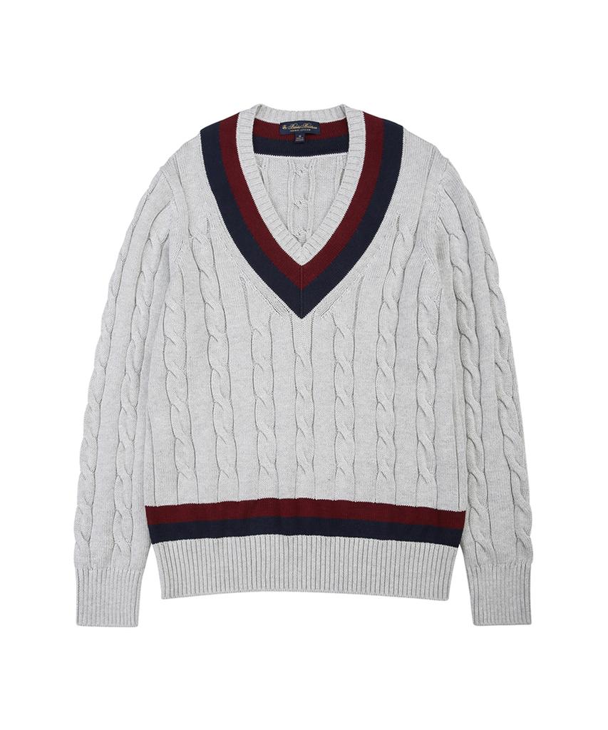 BROOKS BROTHERS Cotton Cable Tennis V-Neck Sweater (Grey) (Bbwnmm6839Wes)
