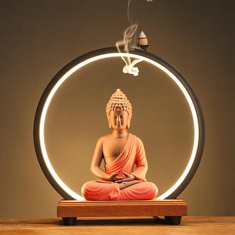 Backflow Incense Burner Indoor LED Light Ring Purple Sand Buddha Zen Ornament Living Room Decoration Tea Ceremony Accessories