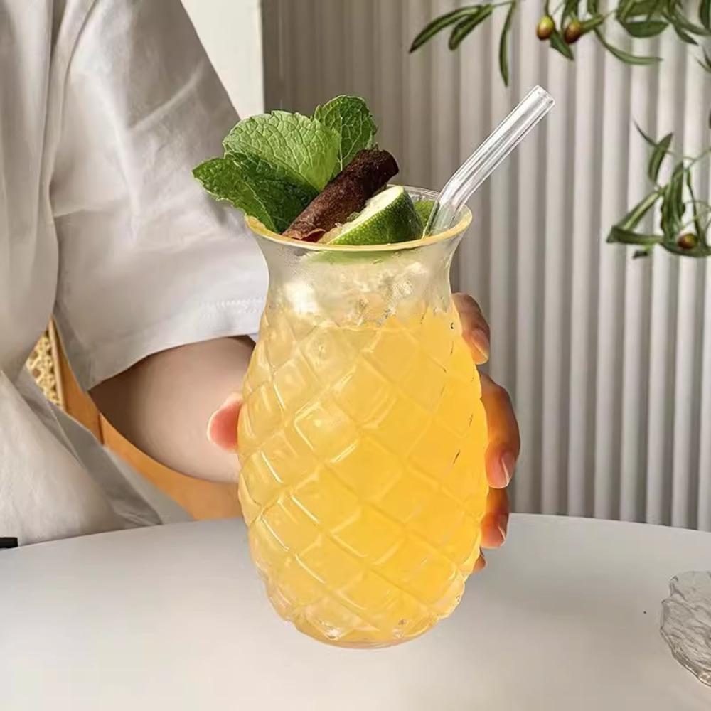 Creative Transparent Pineapple Shaped Glass Cup 480 ML with Straw Coffee Mug Embossed Water Cup Restaurant