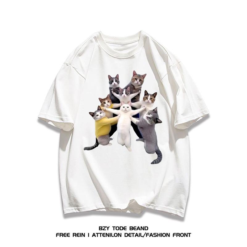 Korean Style Cat Print Cotton T-shirt - Trendy Loose Fit, Unisex Summer Casual