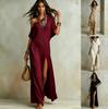 Damen schulterfreies Maxikleid mit hohem Schlitz, fließend, elegant, Sommerkleid, Urlaubs-Partykleid, mehrfarbig