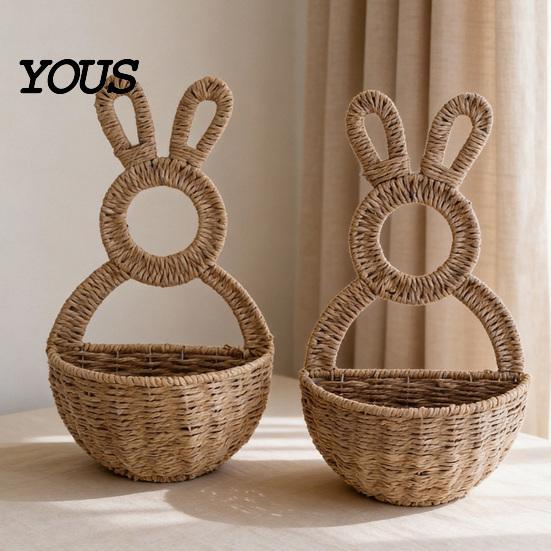Dried Flower Wall Holder Easter Bunny Woven Basket, Handmade Rabbit Rustic Hanging Basket Living Room Ornament for or Faux Flowers Plants, Farmhouse