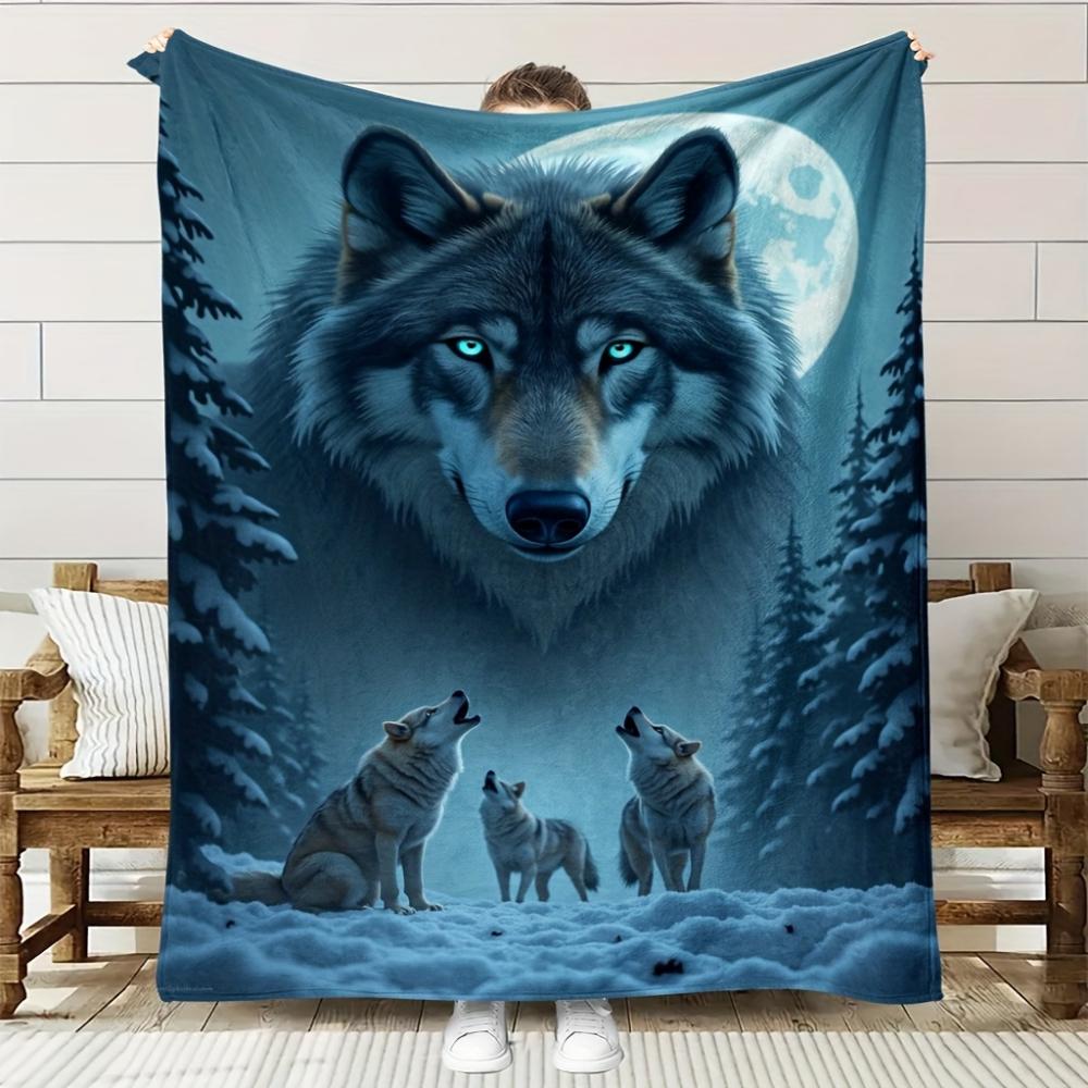 Mond Winter Wolf Familie Wald Druck Überwurfdecke weich Wohnzimmer Büro Decke Leseecke Terrasse Jahrestagsgeschenke