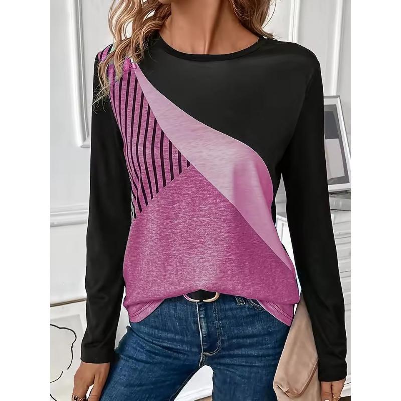 Women's 3D Color Block Stripe Print T-Shirt Fashion Long Sleeve Crew Neck Regular Tops Holiday Weekend Spring Autumn