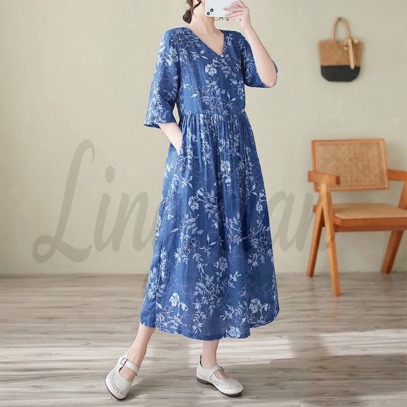 

2026 Light Luxury Blue Floral V-Neck Dress: Imitation Ramie, Over-the-Knee, Retro Style XL