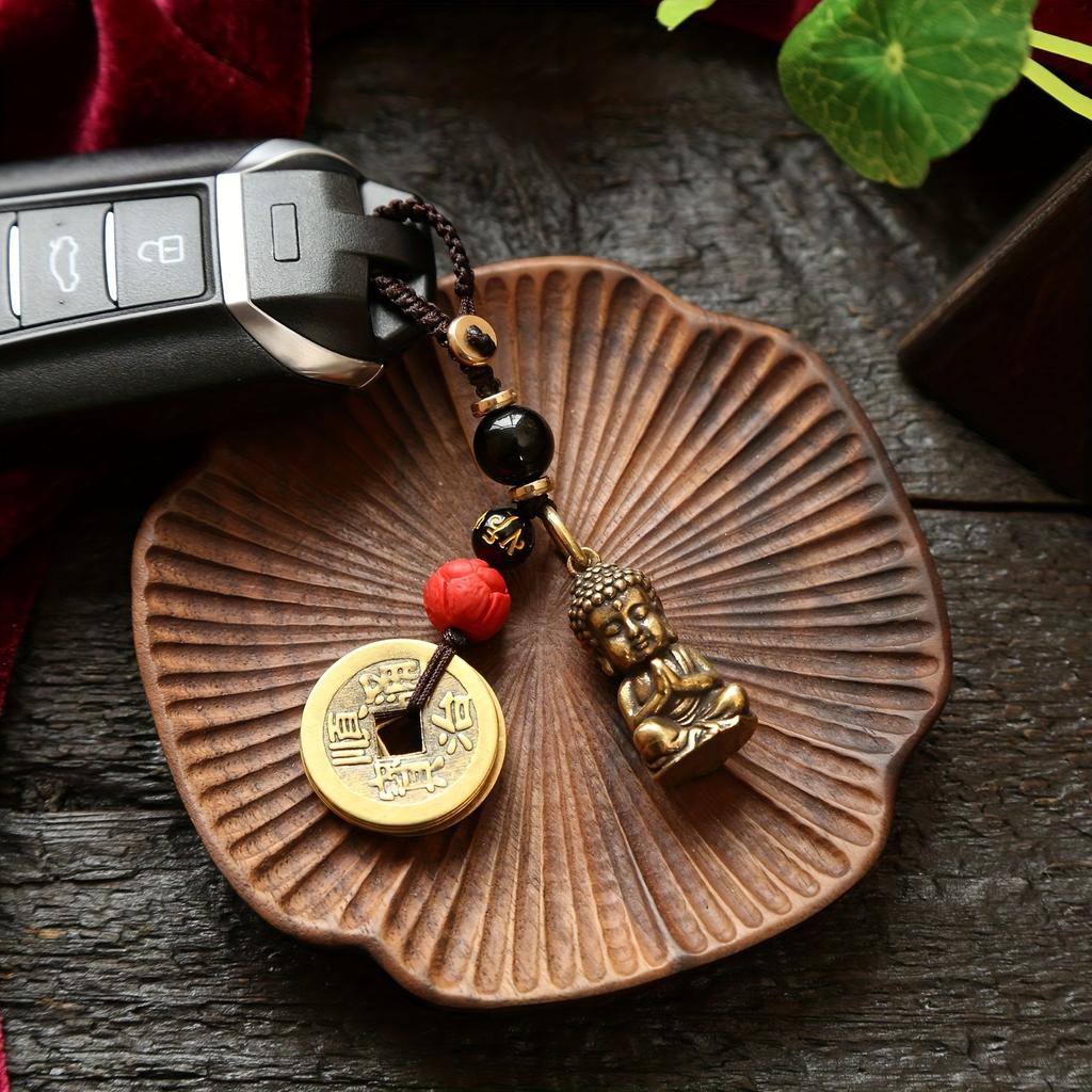 Vintage Bronze Copper Alloy Keychain with Buddha Pendants, Unplated Precious Metal Charm, Non-Textile Weaving, Car Keyring for Men and Women