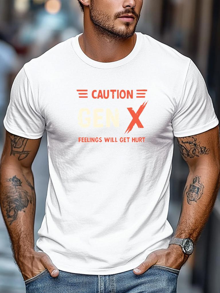 Unisex Navy Crew Neck Tee Caution Gen X Feelings Will Get Hurt Distressed Retro Red White Text Warning Slogan Graphic Soft Short