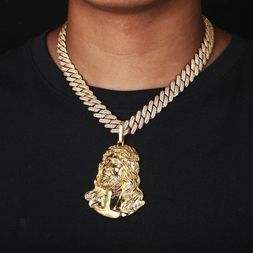 Men's Hip Hop Accessory Light Gold Brass Statue Pendant Necklace Zircon Fashionable Nightclub Sweater Chain Trendy Accessory