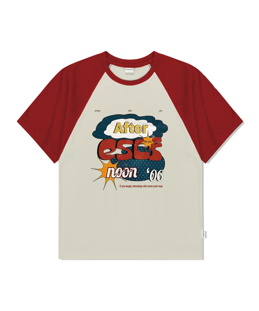 ESCAPEFROM Vintage Cloud Poster Print Raglan Color Block Short Sleeve T-Shirt Red