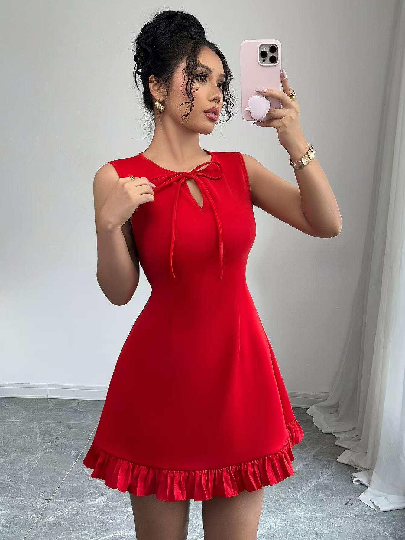 

European Style Ruffle Mini Dress with Lace-up Bow Extra Large красный