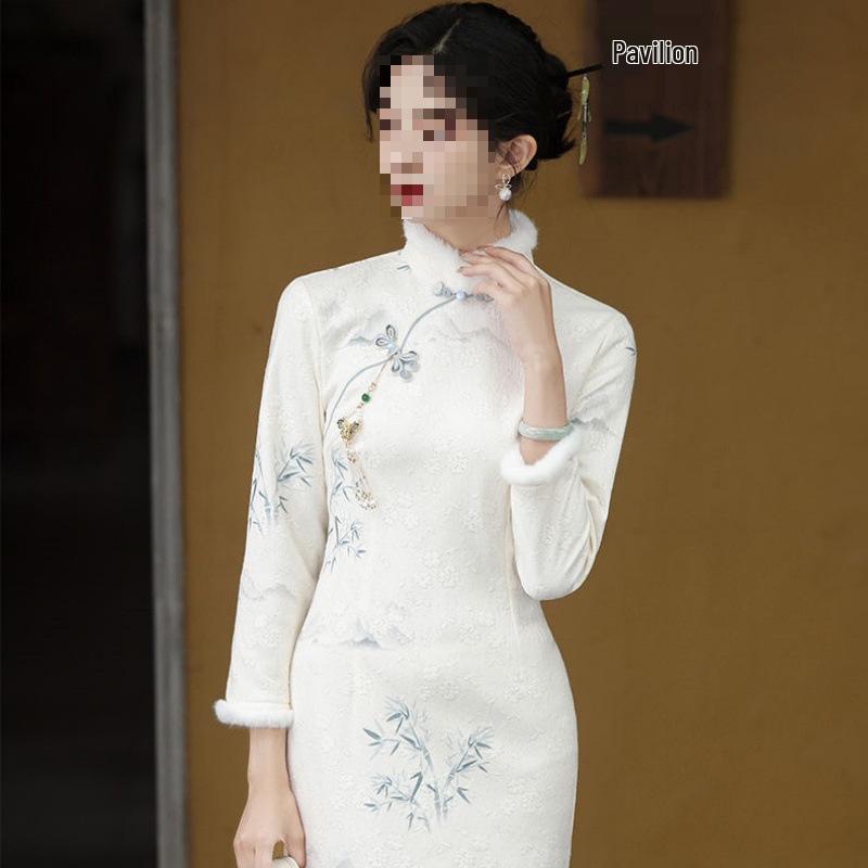 Women's Long Sleeve Fleece-Lined Qipao Dress - Winter/Autumn Style