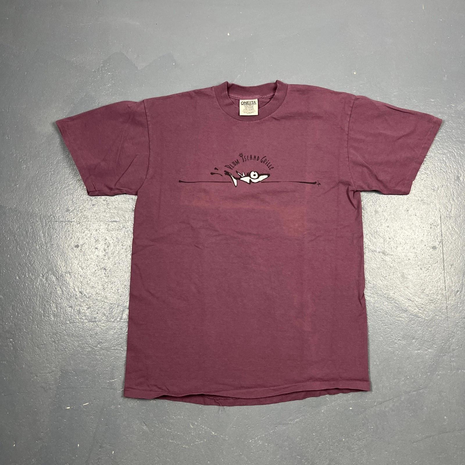 

Vintage 90s Plum Island Grill Sardines Single Stitch Tshirt Purple Medium VTG M