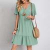 2026Summer Women's Loose Casual Short-sleeve Dress In Solid Color V Collar Dress