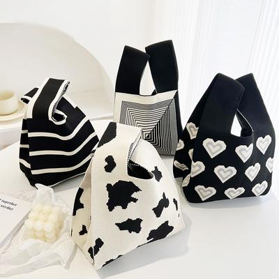 Borsa a Mano Lavorata a Maglia Casual Borsa Sottogiacca Borsa Gilet Borsa a Mano Design a Strisce Collisione a Scacchiera Colore Vento di Lusso Leggero Borsa Tote
