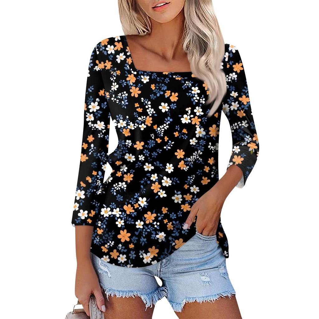 Shirt For Women's Fashion Casual Square Neck 3/4 Sleeve Loose Printed T-Shirt Ladies Top