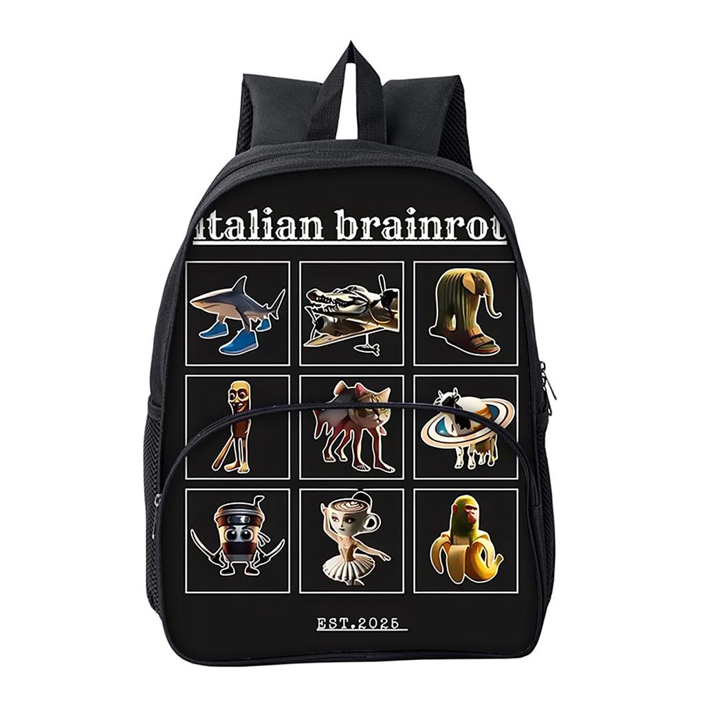Hot Italian Brainrot Print Round Front Pocket Backpacks for Boy and Girls Best Gifts 2D Flat Cartoon School Bag for Children