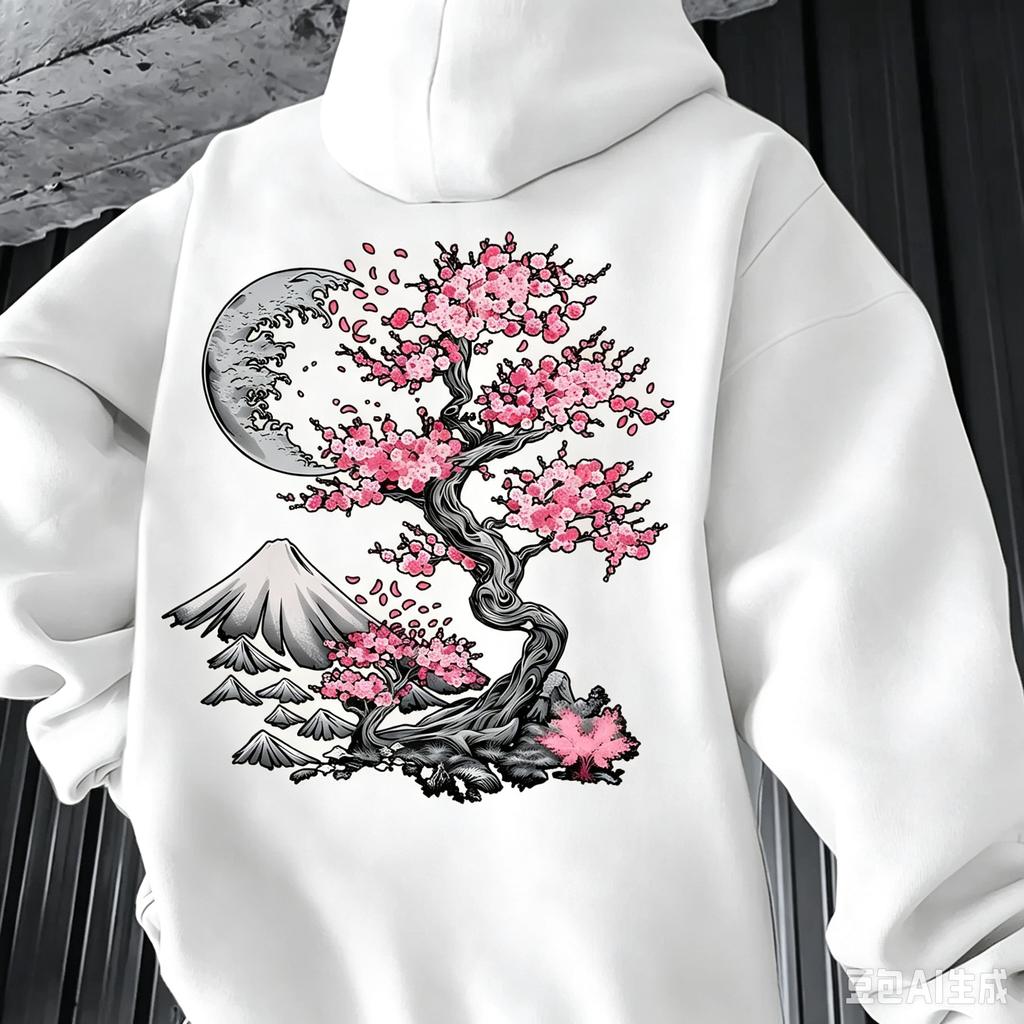 Men's moonlit cherry blossom pattern atmosphere-themed printed trendy artistic fashion retro street casual hooded sweatshirt.