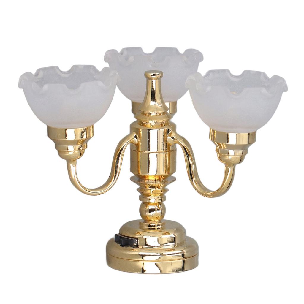 Dollhouse Ceiling Light 3 Heads Battery Powered Metal Glass Dollhouse Miniature Chandelier for 1:12