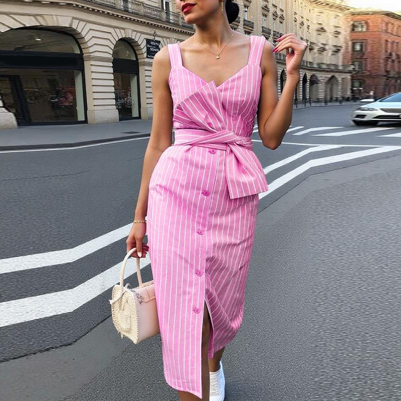 

ZANZEA Женское летнее повседневное платье без рукавов в полоску с V-образным вырезом темно-розовый