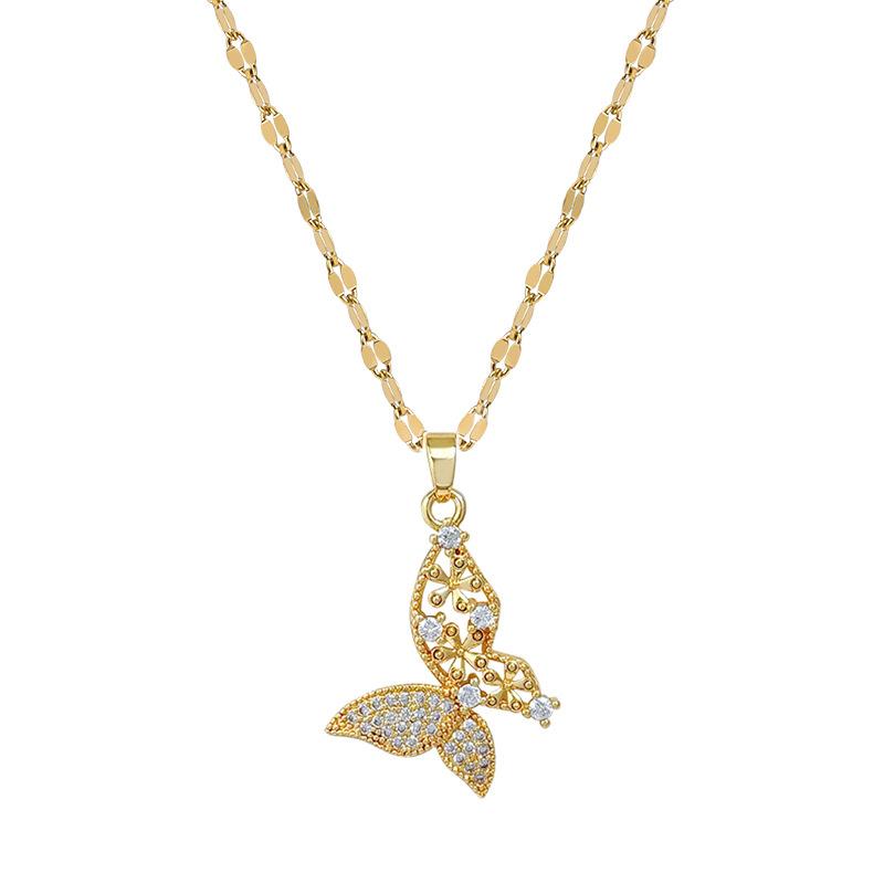 Titanium Steel Light Luxury Full Diamond Micro-Inlaid Zircon Cute Butterfly Luxury Necklace Copper Electroplated Real Gold Pendant