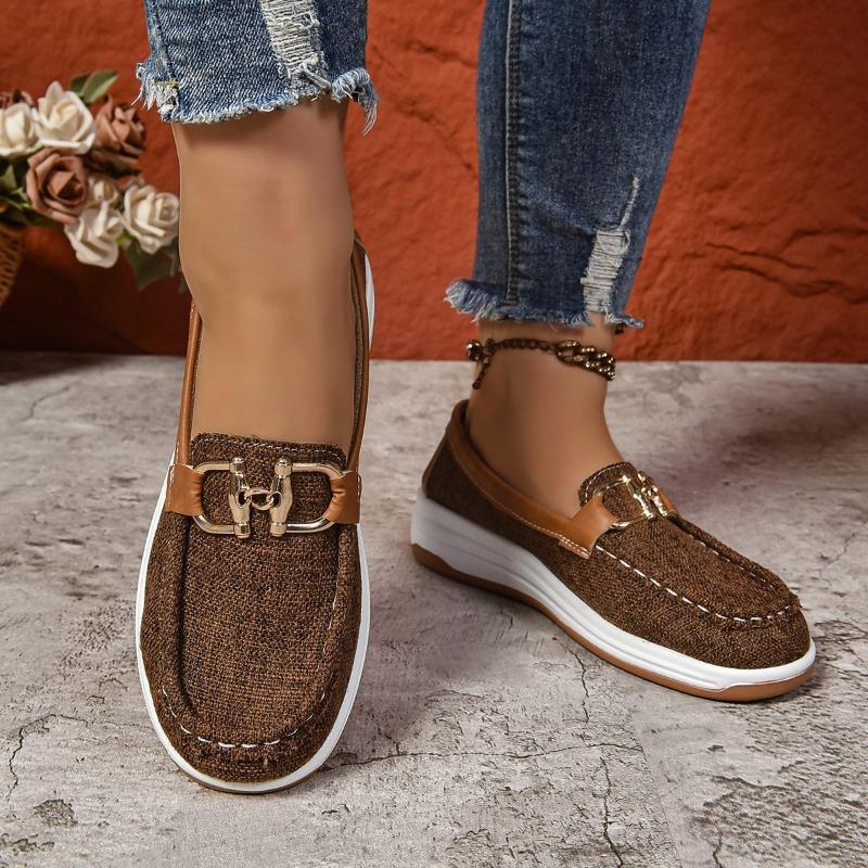 Women's Wide Width Rocker Sole Loafers, Fabric Slip-On Wedge Flats, European Style Casual Shoes for Women