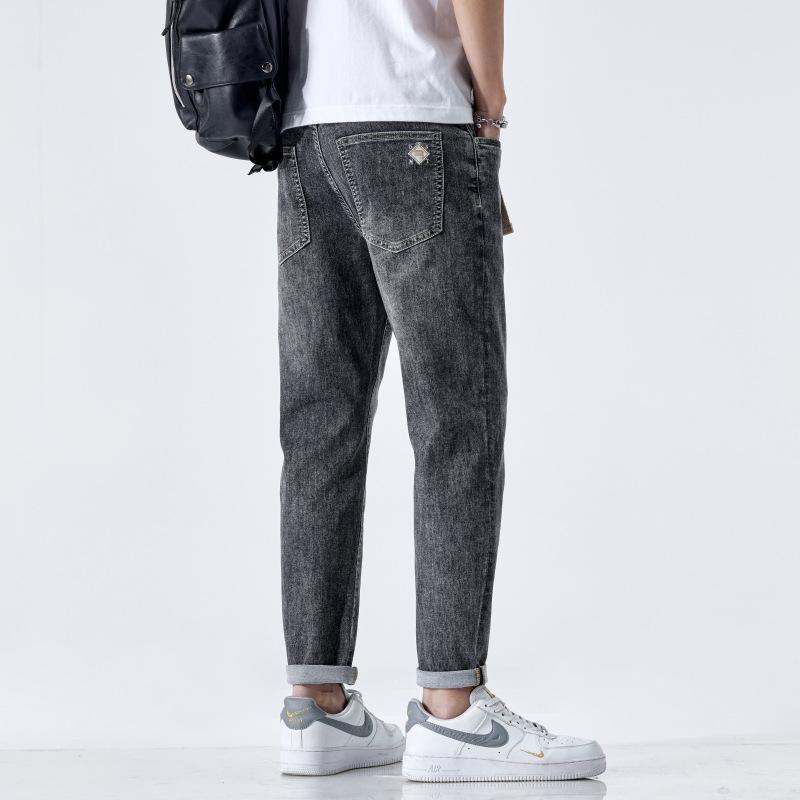 Spring and Summer Jeans Men's Thin Elastic Fit Small Foot Belt Nine-point Pants