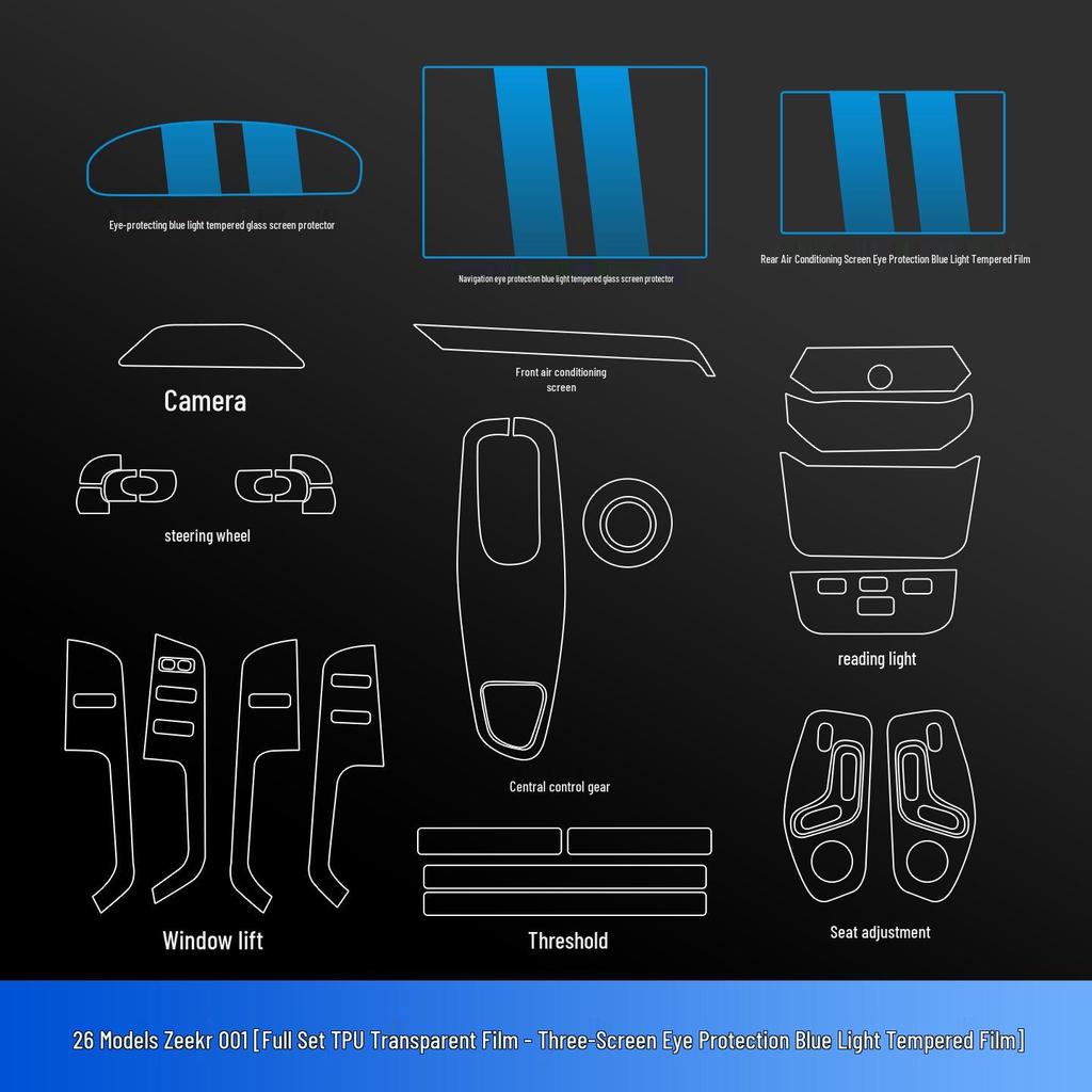 Zeekr 001 Navigation Screen Protector: Tempered Film & Interior Control Stickers for 26 Models